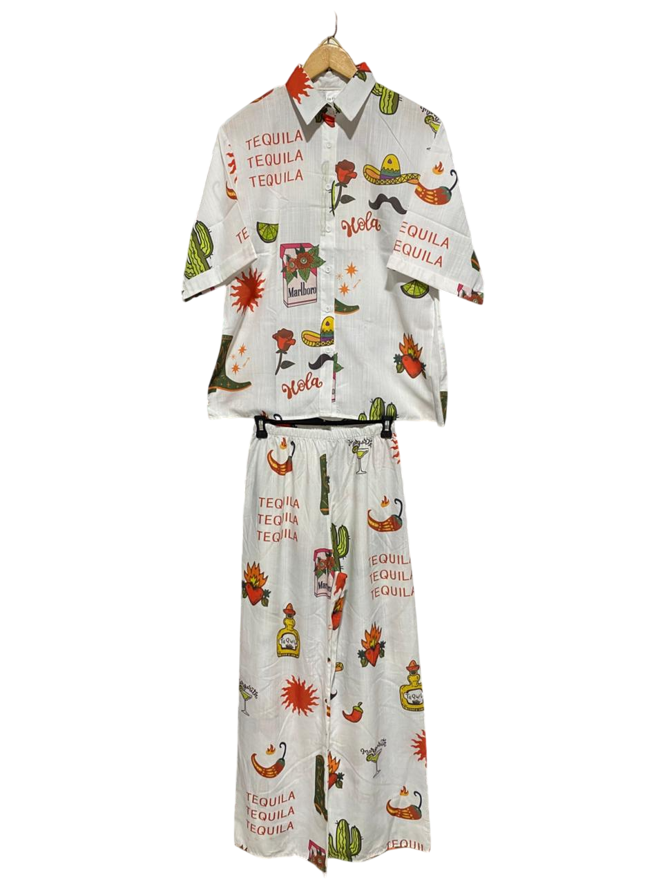 BY FRANKIW |XS| B2| FIESTA-READY "TEQUILA & HOLA" GRAPHIC PRINT TWO-PIECE PANTS SET