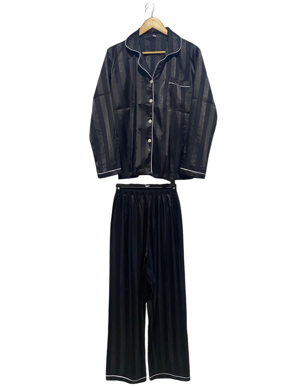 Women's Elegant Black Striped Satin Two-Piece Pajama Set |XS| B2|