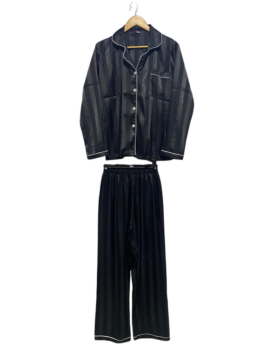 Women's Elegant Black Striped Satin Two-Piece Pajama Set |XS| B2|