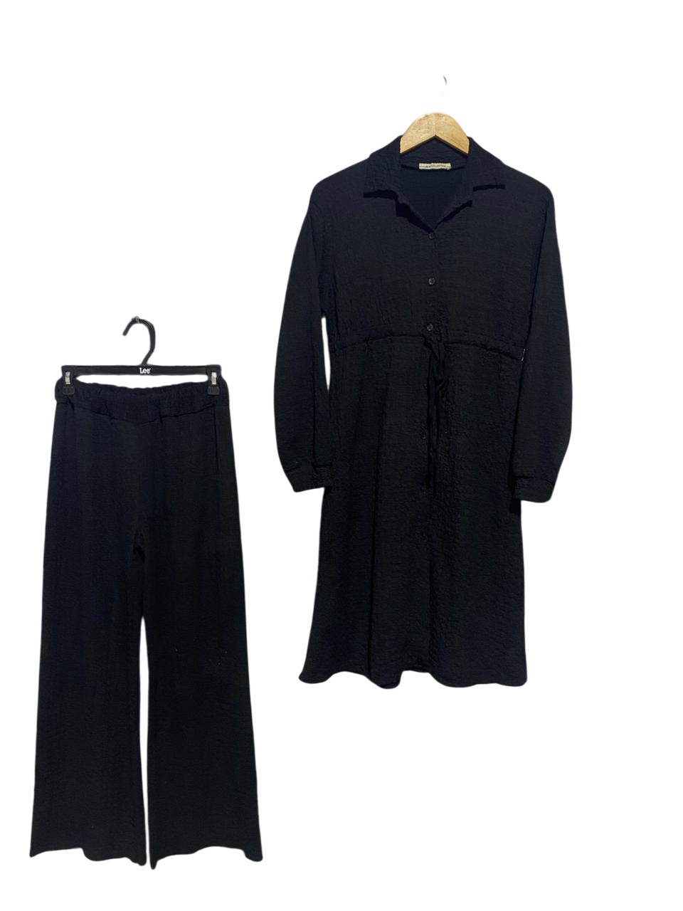 NEW COLLECTION |M| B2| Women's Chic Black Two-Piece Set – Longline Button-Up Tunic & Wide-Leg Trousers