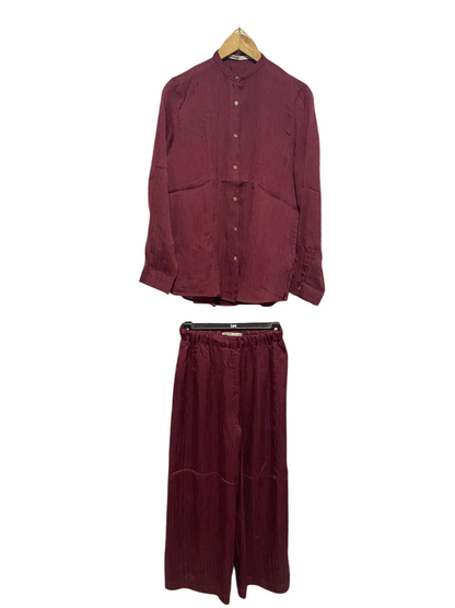 KHAADI |S| B2| Women's Sophisticated Burgundy Two-Piece Set – Mandarin Collar Shirt & Wide-Leg Trousers