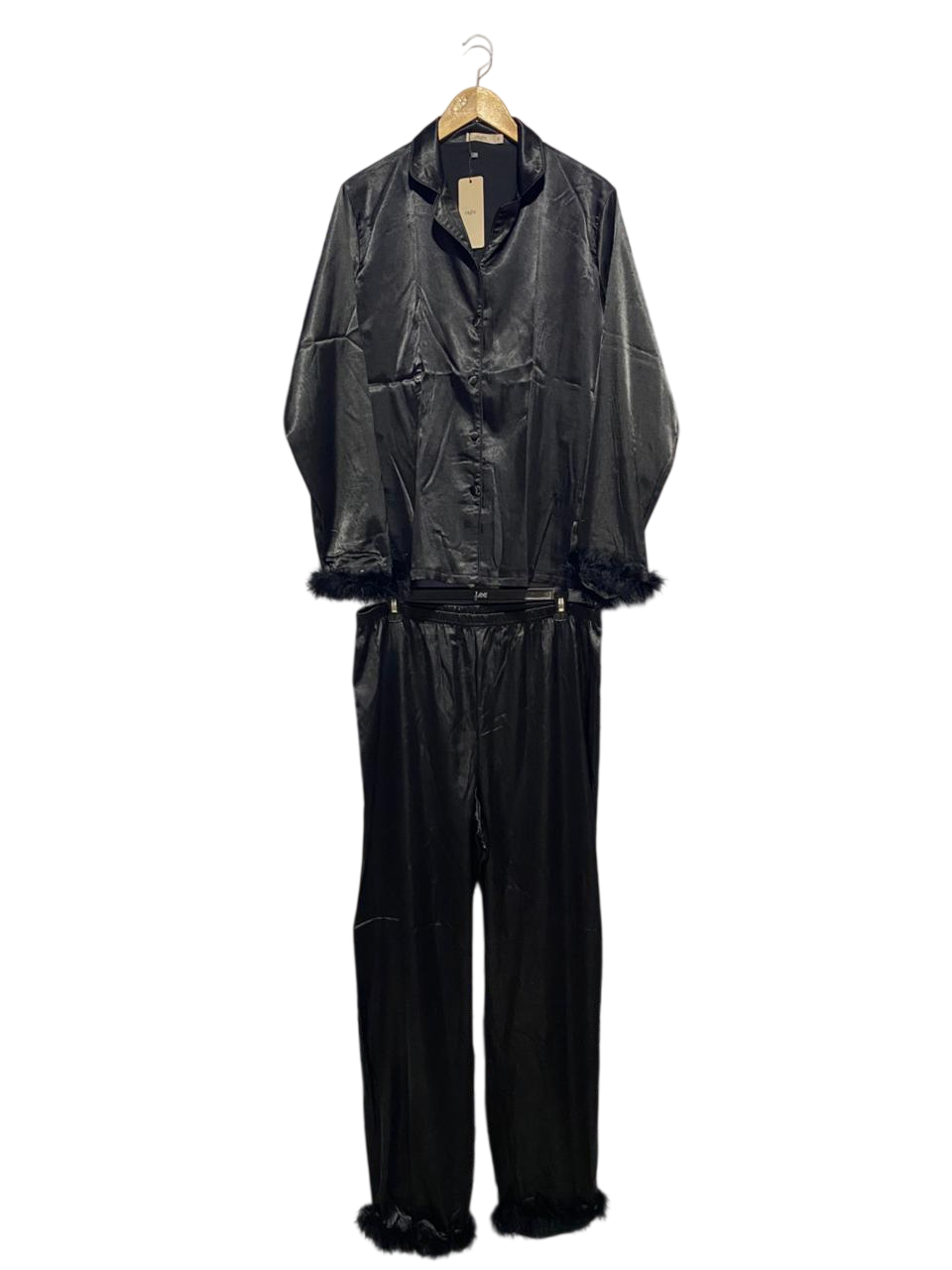 NIGHT |XL| B2| Women's Glamorous Black Satin Feather-Trim Two-Piece Pajama Set