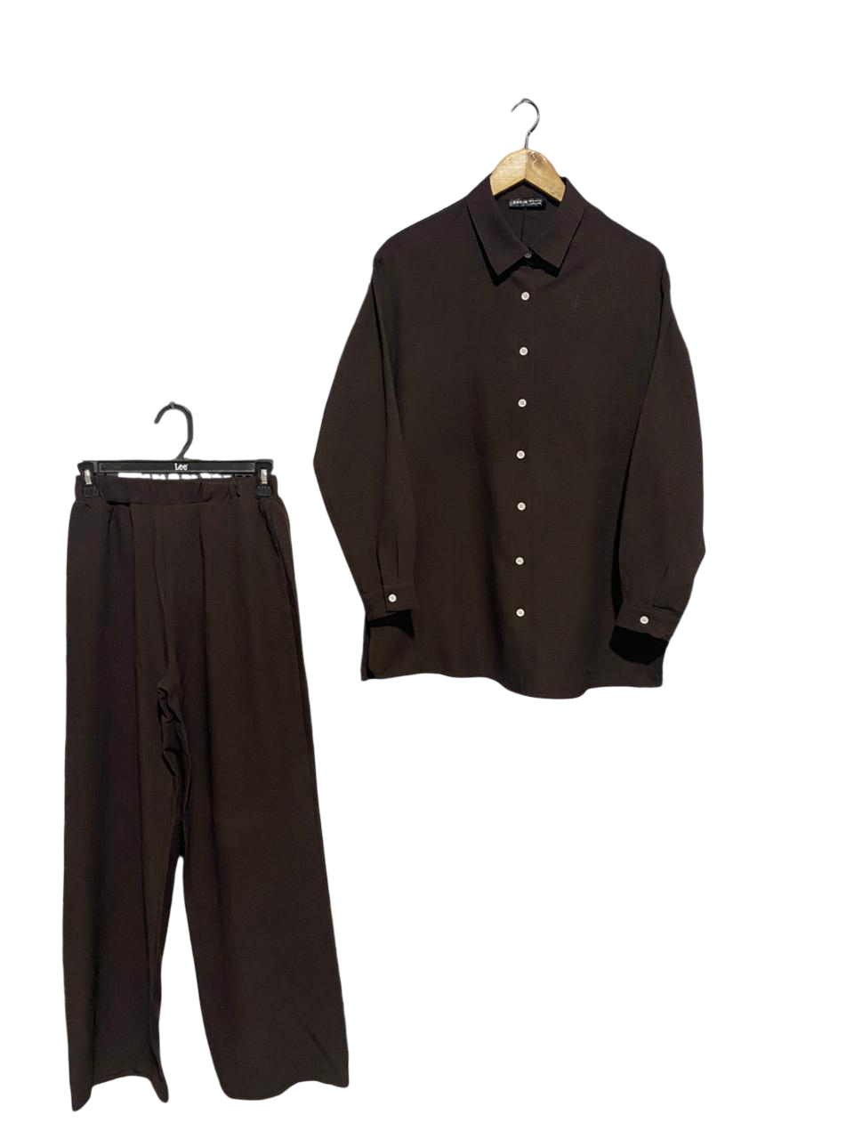 SHEIN |XS| B2| Women's Minimalist Two-Piece Set – Deep Espresso Brown Button-Down & Wide-Leg Trousers