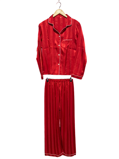 Women's Luxurious Red Satin Striped Two-Piece Pajama Set |S| B2|
