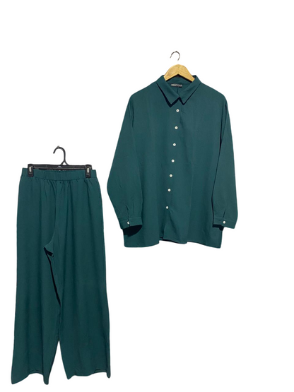 SHEIN |L| B2| Women's Chic Two-Piece Set – Deep Teal Button-Down Shirt and Wide-Leg Trousers