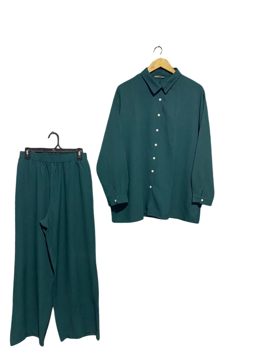 SHEIN |L| B2| Women's Chic Two-Piece Set – Deep Teal Button-Down Shirt and Wide-Leg Trousers