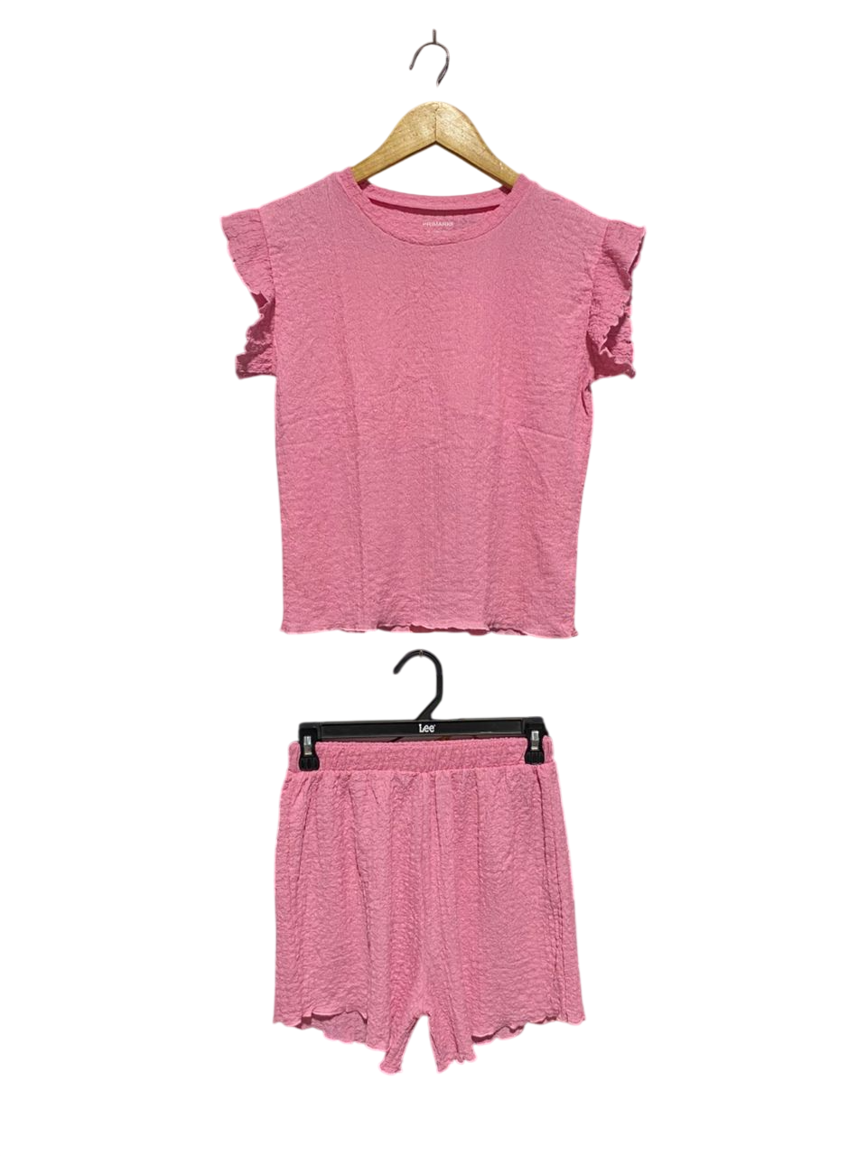 PRIMARK |S| B2| Women's Textured Two-Piece Lounge Set – Pink Ruffle-Sleeve Top and Shorts