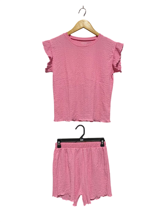 PRIMARK |S| B2| Women's Textured Two-Piece Lounge Set – Pink Ruffle-Sleeve Top and Shorts