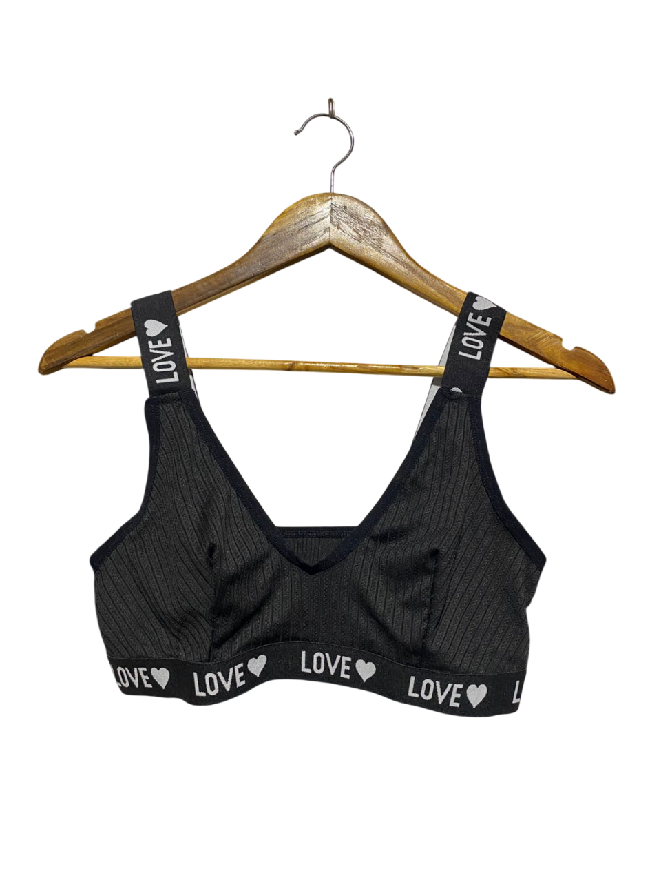 LOVE |M| BUST 14| B2| BLACK RIBBED BRALETTE WITH "LOVE" SCRIPT ELASTIC STRAPS