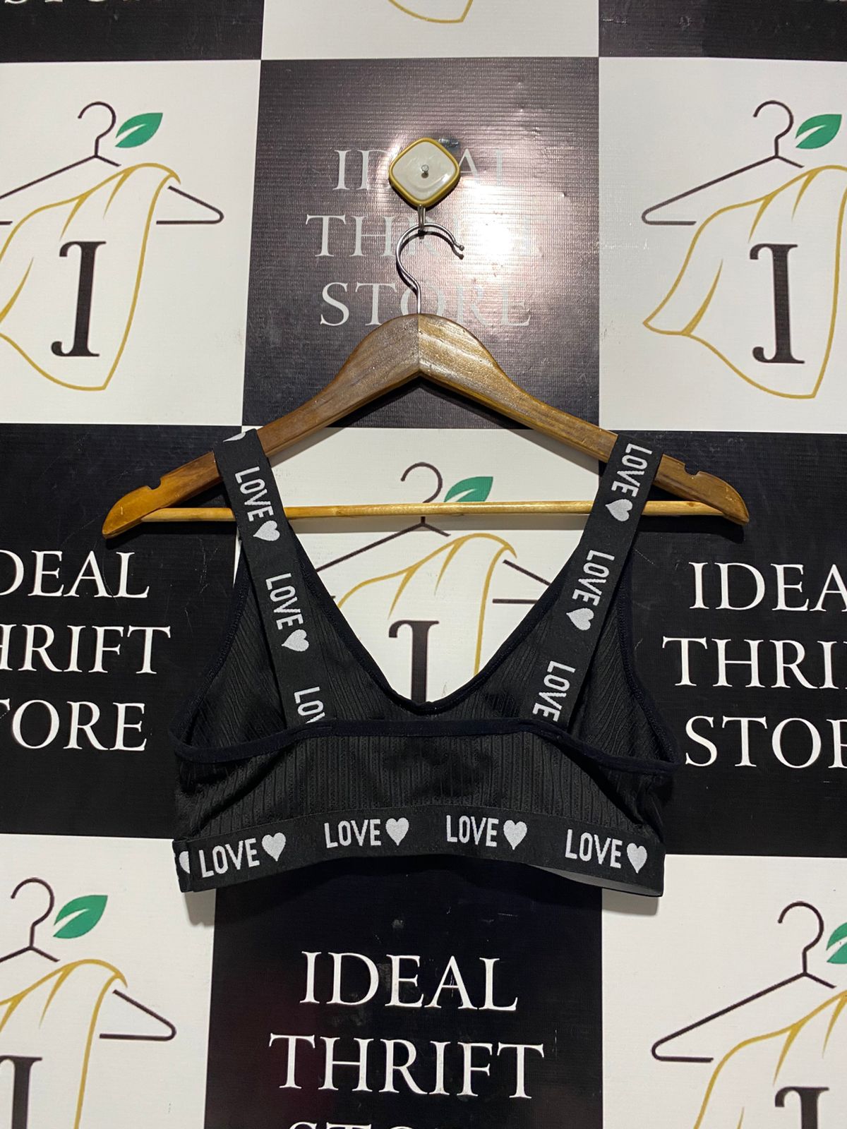 LOVE |M| BUST 14| B2| BLACK RIBBED BRALETTE WITH "LOVE" SCRIPT ELASTIC STRAPS