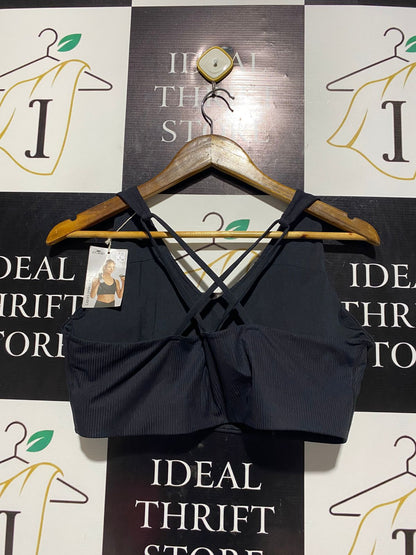 CRANE |L| BUST 17| B2| BLACK SEAMLESS RIBBED CROSS-BACK SPORTS BRA