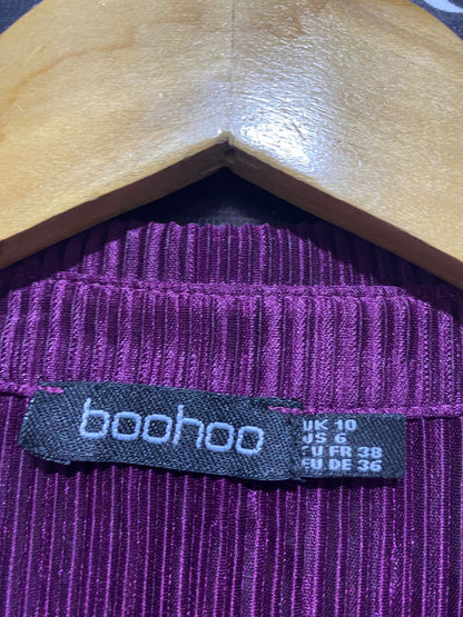 BOOHOO |M| B2| Women's Pleated Two-Piece Set – Deep Purple Button-Up Shirt and Wide-Leg Trousers