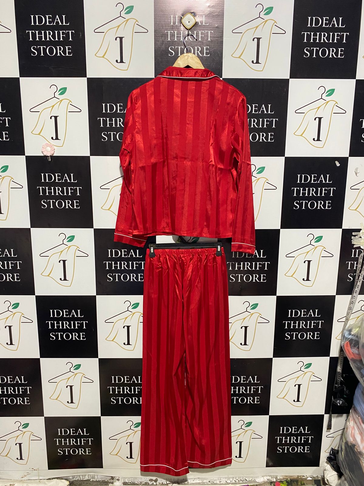 Women's Luxurious Red Satin Striped Two-Piece Pajama Set |S| B2|