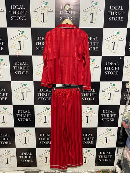 Women's Luxurious Red Satin Striped Two-Piece Pajama Set |S| B2|