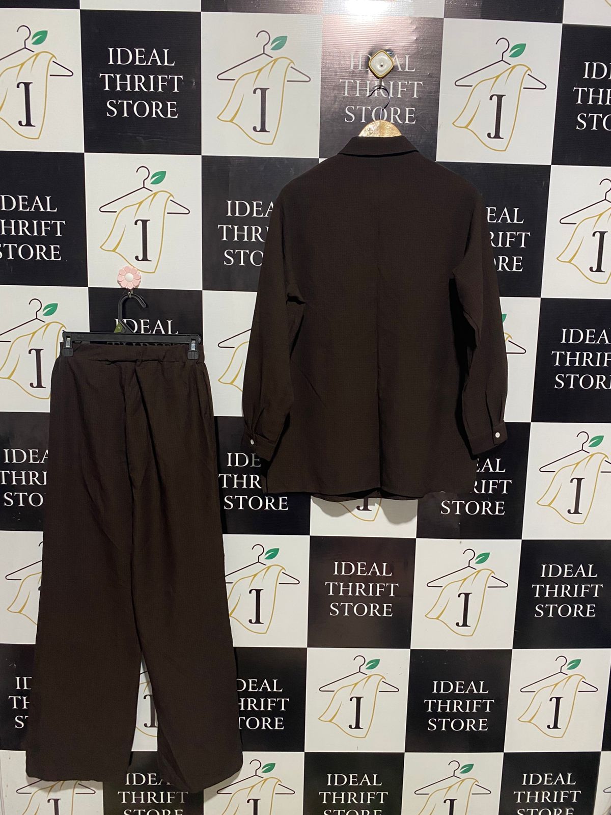 SHEIN |XS| B2| Women's Minimalist Two-Piece Set – Deep Espresso Brown Button-Down & Wide-Leg Trousers