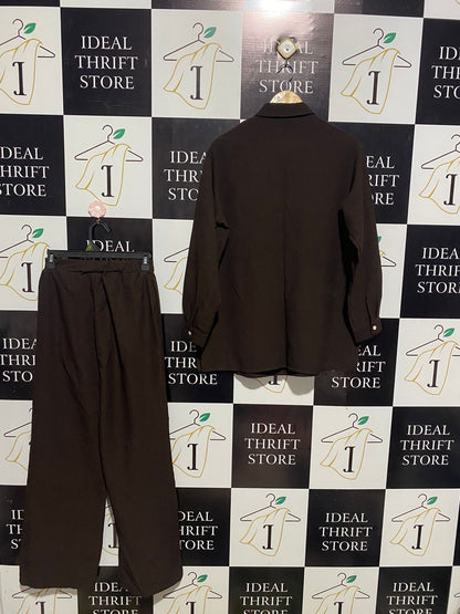 SHEIN |XS| B2| Women's Minimalist Two-Piece Set – Deep Espresso Brown Button-Down & Wide-Leg Trousers
