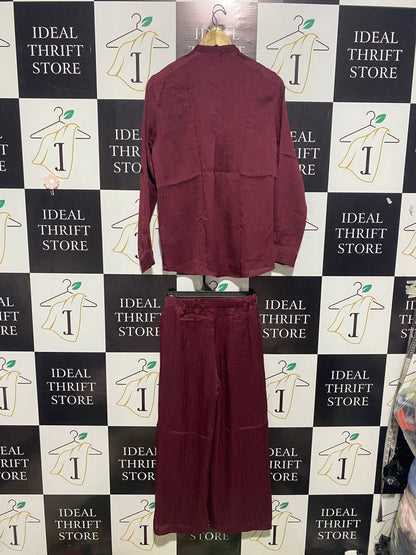 KHAADI |S| B2| Women's Sophisticated Burgundy Two-Piece Set – Mandarin Collar Shirt & Wide-Leg Trousers
