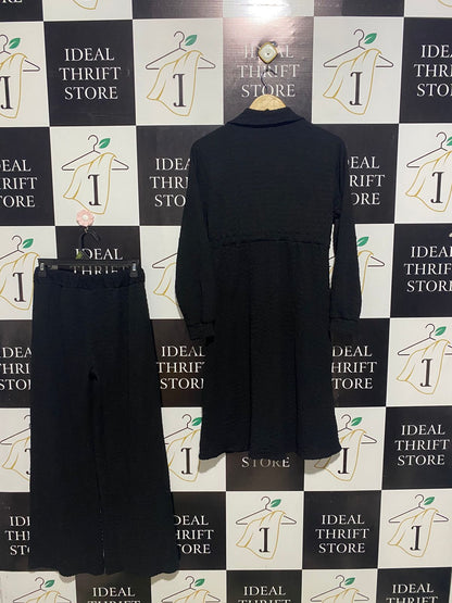 NEW COLLECTION |M| B2| Women's Chic Black Two-Piece Set – Longline Button-Up Tunic & Wide-Leg Trousers
