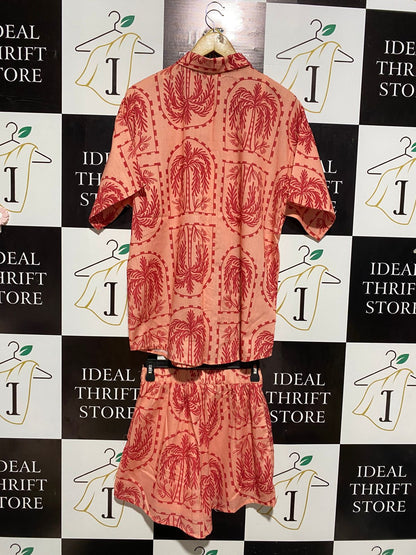 INDILUXE |S| B2| TROPICAL PALM TREE PRINT RELAXED BUTTON-DOWN SHORTS SET
