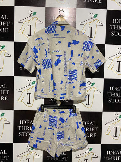 BONDS |S| B2| COBALT GEOMETRIC & PALM PRINT RELAXED SHORT SET