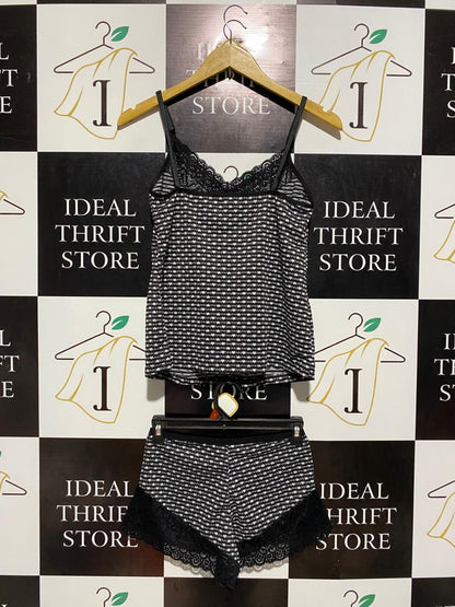 BLACK AND WHITE HEART PRINT LACE-TRIMMED CAMI LOUNGE SET |S| B2|