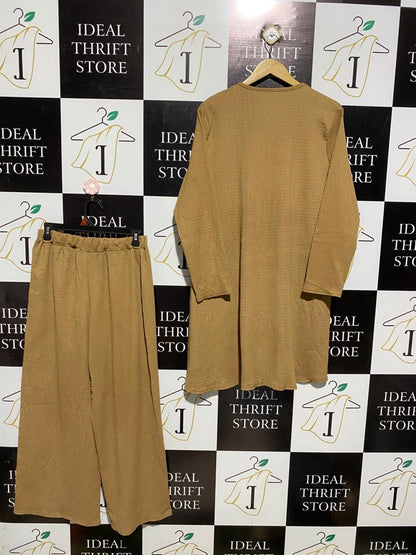 CHIC BEIGE TEXTURED TUNIC AND WIDE-LEG TROUSER SET |M| B2|
