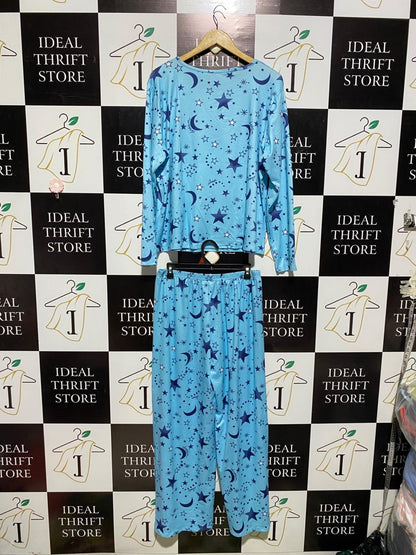 WOMEN'S LIGHT BLUE CELESTIAL MOON AND STAR PRINT PYJAMA SET |XL| B2|