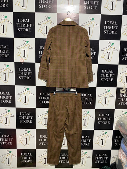 MIIS GUIDED |M| B2| WOMEN’S BROWN CHECKED DOUBLE-BREASTED BLAZER AND TROUSER SUIT SET