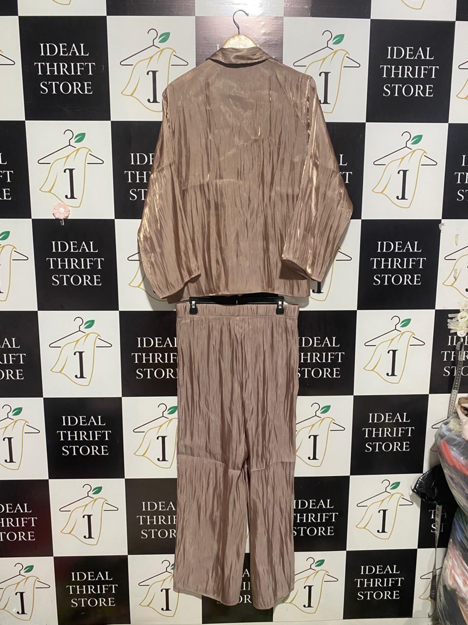 H&M |L| B2| WOMEN'S CHAMPAGNE ROSE GOLD PLISSÉ PLEATED LOUNGEWEAR SET