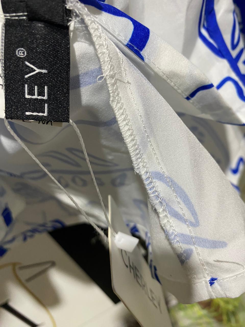 CHERLEY |L| BUST 20| B1| WOMEN'S WHITE AND BLUE MEDITERRANEAN COASTAL PRINT CUT-OUT MAXI DRESS