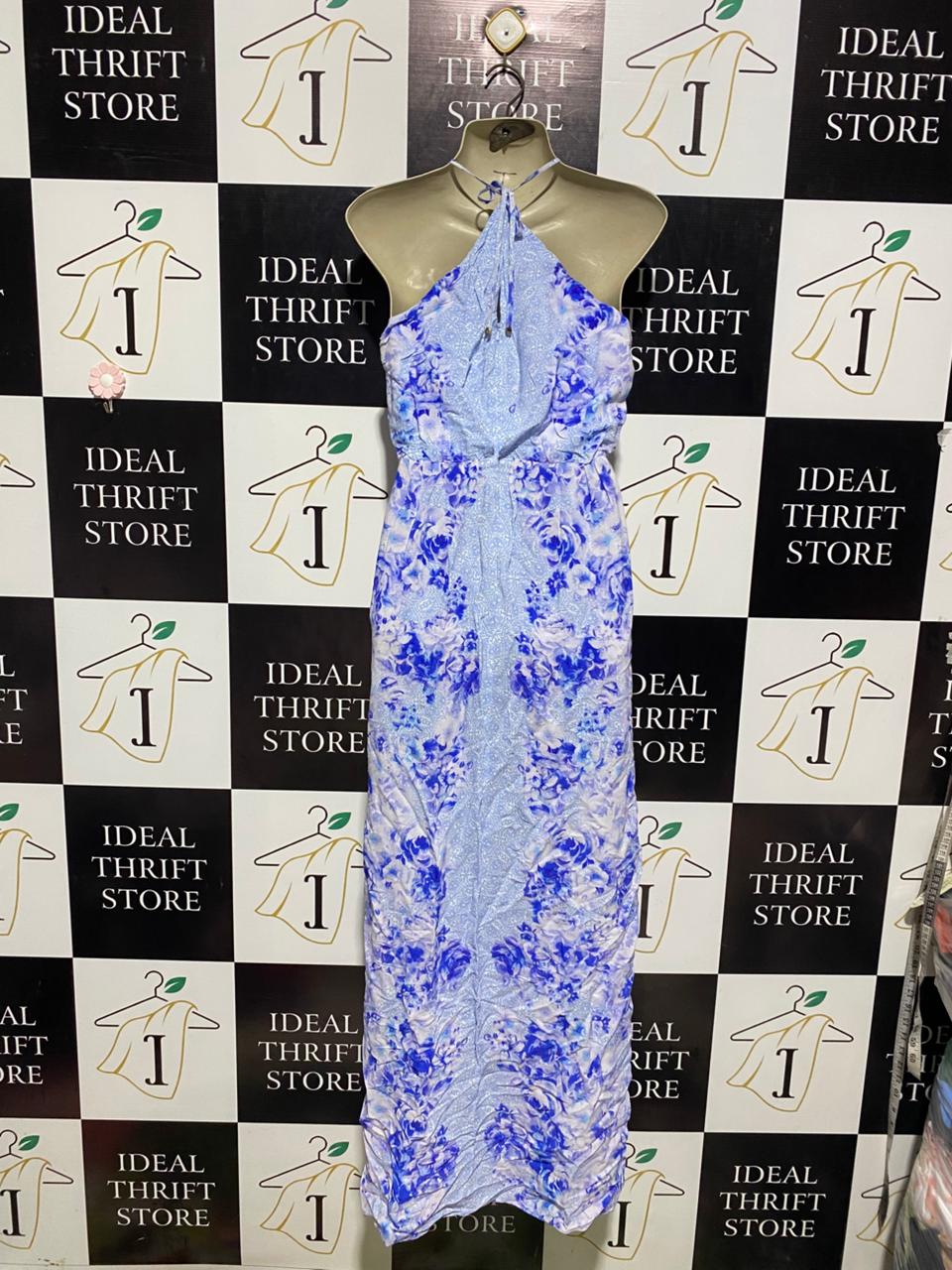 FOREVER NEW |L| BUST 18| B1| WOMEN'S LIGHT BLUE AND PURPLE FLORAL PRINT HALTER MAXI DRESS