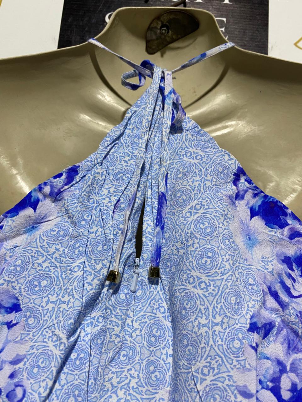 FOREVER NEW |L| BUST 18| B1| WOMEN'S LIGHT BLUE AND PURPLE FLORAL PRINT HALTER MAXI DRESS