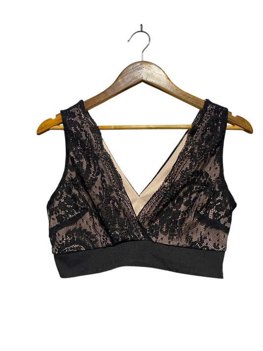 FOREVER |S| BUST 16| B2| BLACK LACE WRAP-FRONT BRALETTE | ELEGANT SCALLOPED CROP TOP