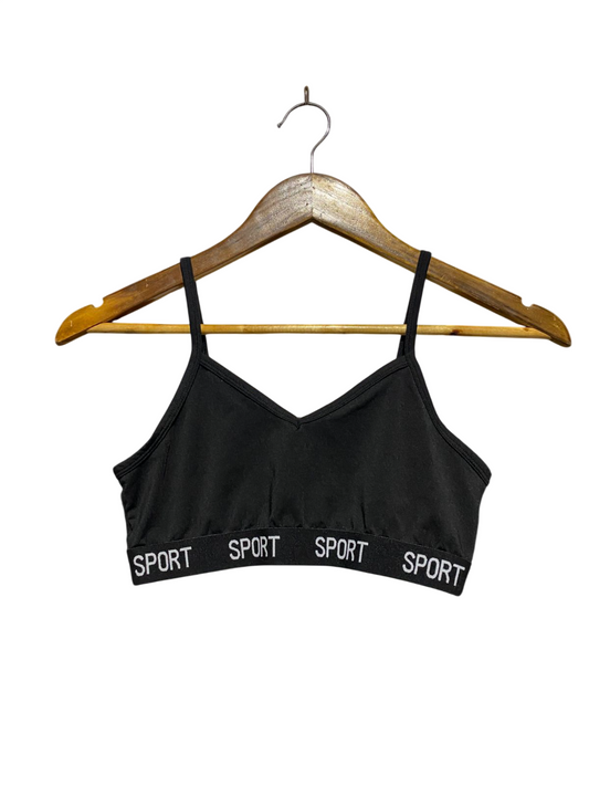 SPORT |S| BUST 13| B2| BLACK "SPORT" LOGO BRALETTE | ADJUSTABLE CAMI STRAP ATHLETIC CROP TOP