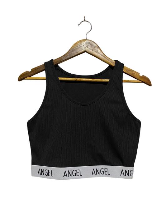 SHEIN |M| BUST 16| B2| BLACK RIBBED "ANGEL" LOGO CROP TOP