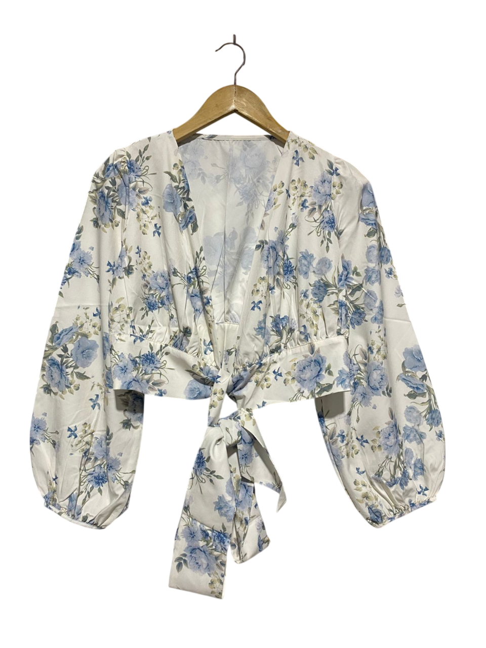 DAZY |S| BUST 17| B2| VINTAGE FLORAL TIE-FRONT BLOUSE | BLUE & WHITE BELL SLEEVE CROP TOP