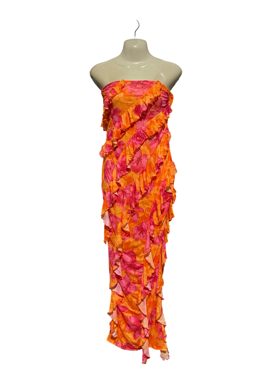 SHEIN |M| BUST 14| B2| VIBRANT TROPICAL FLORAL RUFFLE MAXI DRESS | PINK & ORANGE STRAIPLESS GOWN
