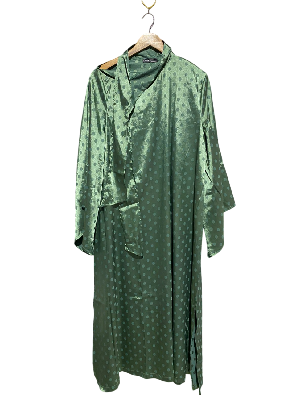 SHEIN |L| BUST 22| B2| Women's Sage Green Satin Polka Dot Tie-Neck Midi Dress