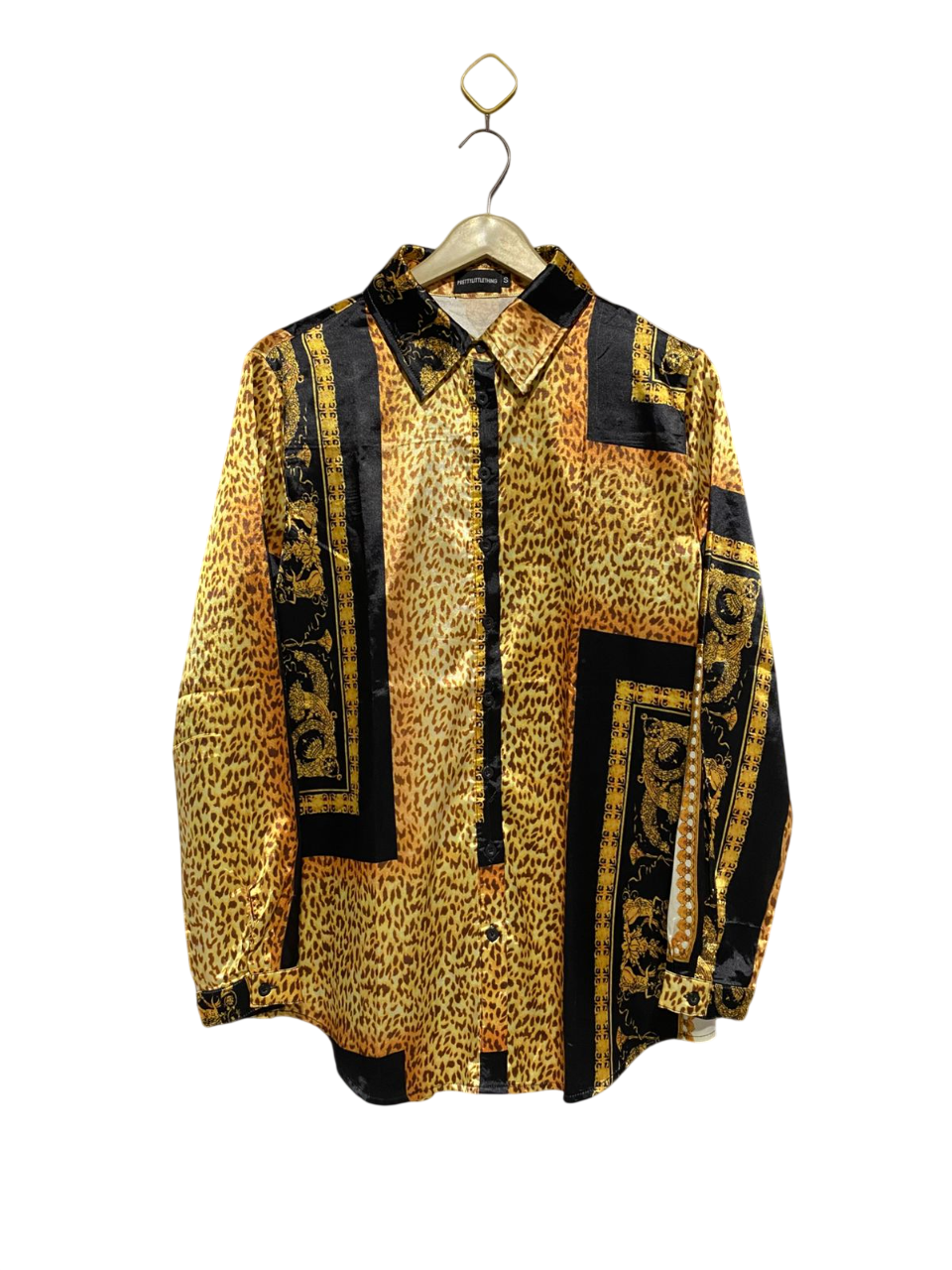 PRETTYLITTLE THING |S/M| BUST 21| B3| Women's Satin Patchwork Leopard & Baroque Print Button-Down Shirt
