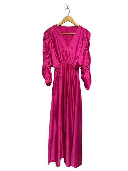 Women's Fuchsia Pink Satin V-Neck Ruched Sleeve Maxi Dress |M| BUST FREE| B3|