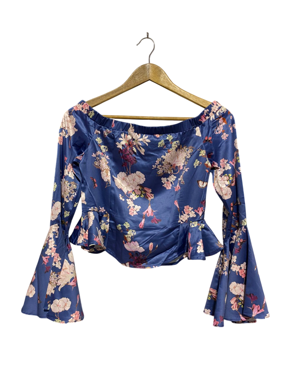Women's Satin Floral Print Off-the-Shoulder Bell-Sleeve Top |M| BUST 15| B3|
