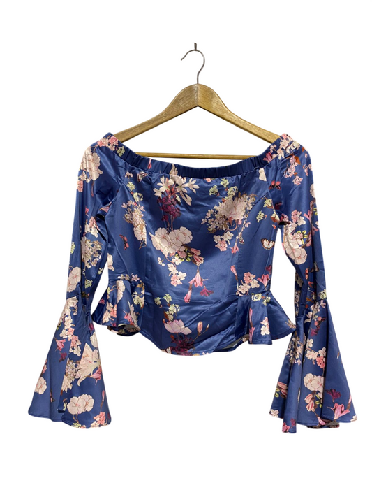 Women's Satin Floral Print Off-the-Shoulder Bell-Sleeve Top |M| BUST 15| B3|