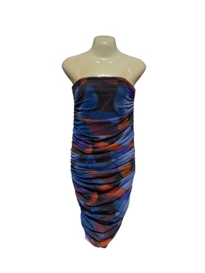 ZARA |S| BUST 11| B3| VIBRANT ABSTRACT PRINT STRAPLESS RUCHED MESH BODYCON MIDI DRESS