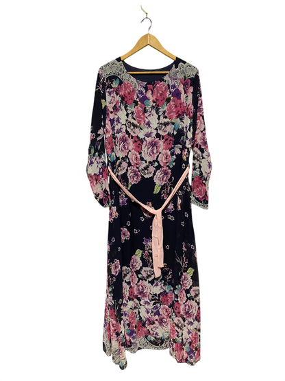 |L| BUST 21| B3| VINTAGE-INSPIRED FLORAL MAXI DRESS WITH LACE SHOULDERS AND PINK WAIST TIE