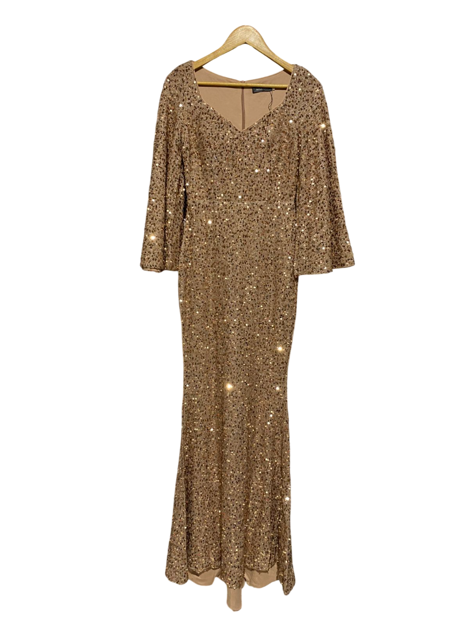 MISS ORD |S| BUST 16| B3| LUXURY ROSE GOLD SEQUIN MERMAID MAXI GOWN WITH BELL SLEEVES AND V-NECKLINE