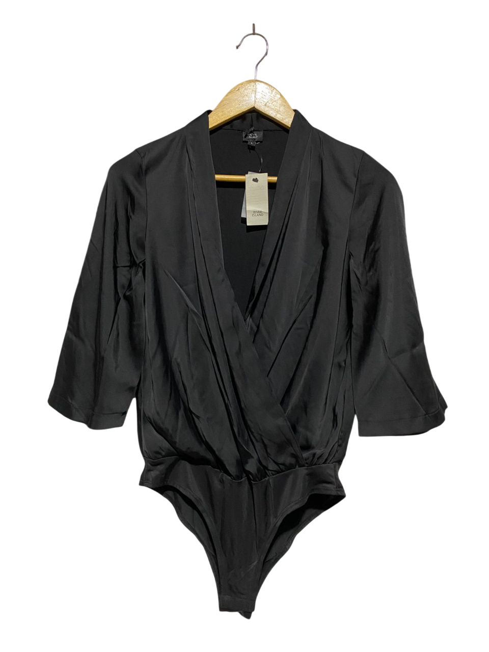 RIVER ISLAND |M| BUST 17| B3| BLACK SATIN WRAP FRONT BODYSUIT WITH 3/4 SLEEVES