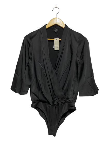 RIVER ISLAND |M| BUST 17| B3| BLACK SATIN WRAP FRONT BODYSUIT WITH 3/4 SLEEVES