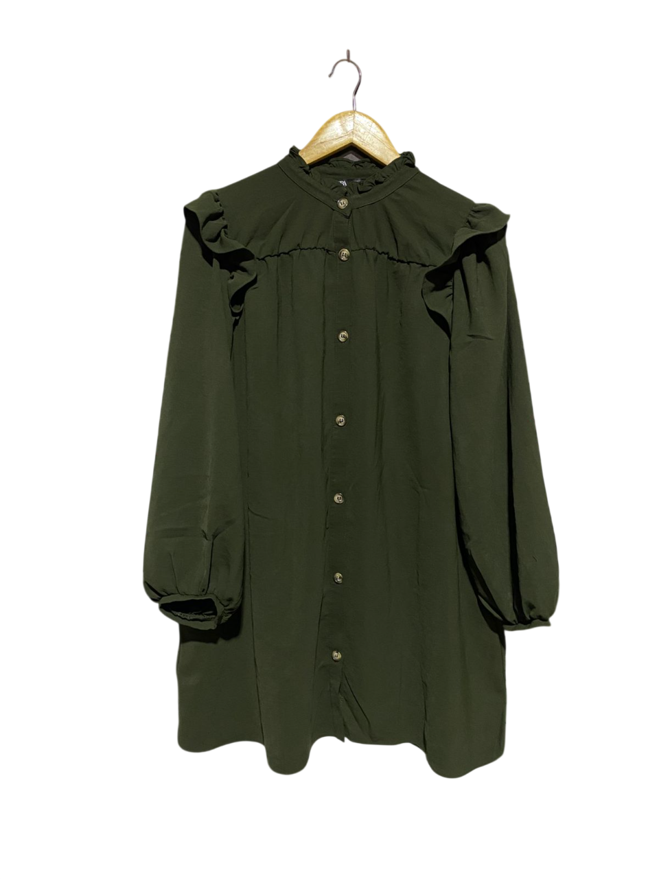 ZARA |M| BUST 22| B3| OLIVE GREEN RUFFLED BUTTON-DOWN MINI SHIRT DRESS WITH LANTERN SLEEVES