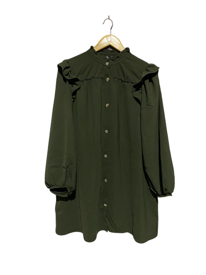 ZARA |M| BUST 22| B3| OLIVE GREEN RUFFLED BUTTON-DOWN MINI SHIRT DRESS WITH LANTERN SLEEVES