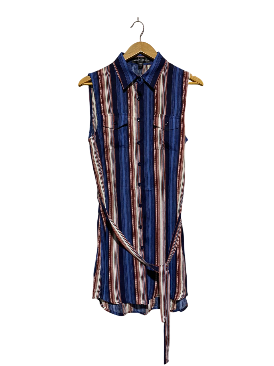 MELA LONDON |M| BUST 19| B3| SLEEVELESS STRIPED BUTTON-DOWN TUNIC DRESS WITH WAIST TIE